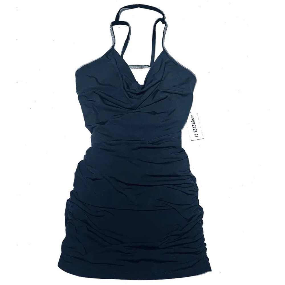 Forever 21 sexy black body-con low cut rhinestone trim cocktail mini dress